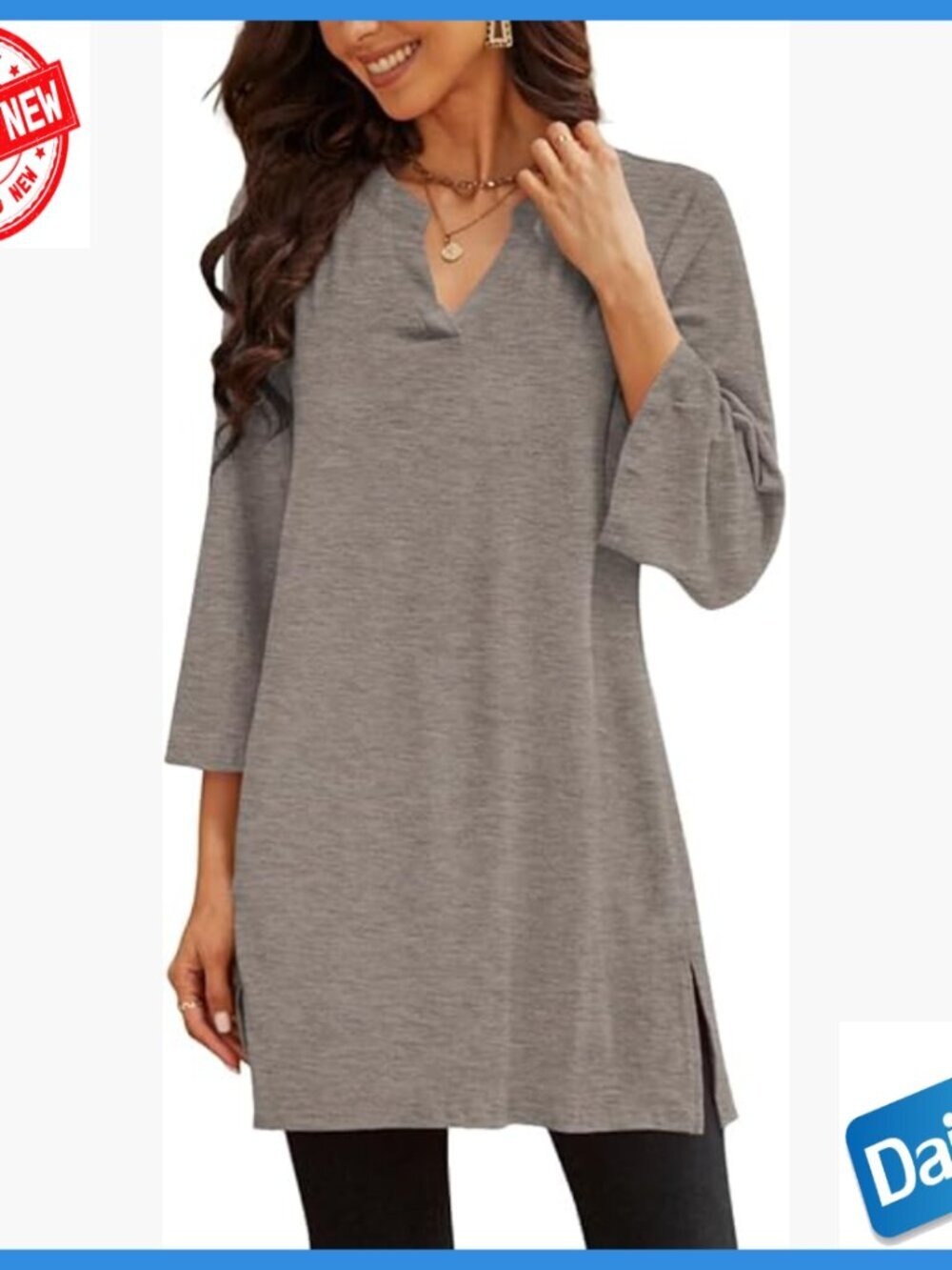 3/4 Bell Sleeve Tunic Top Loose Fit Side Split Flare for Leggings - Picture 1 of 7